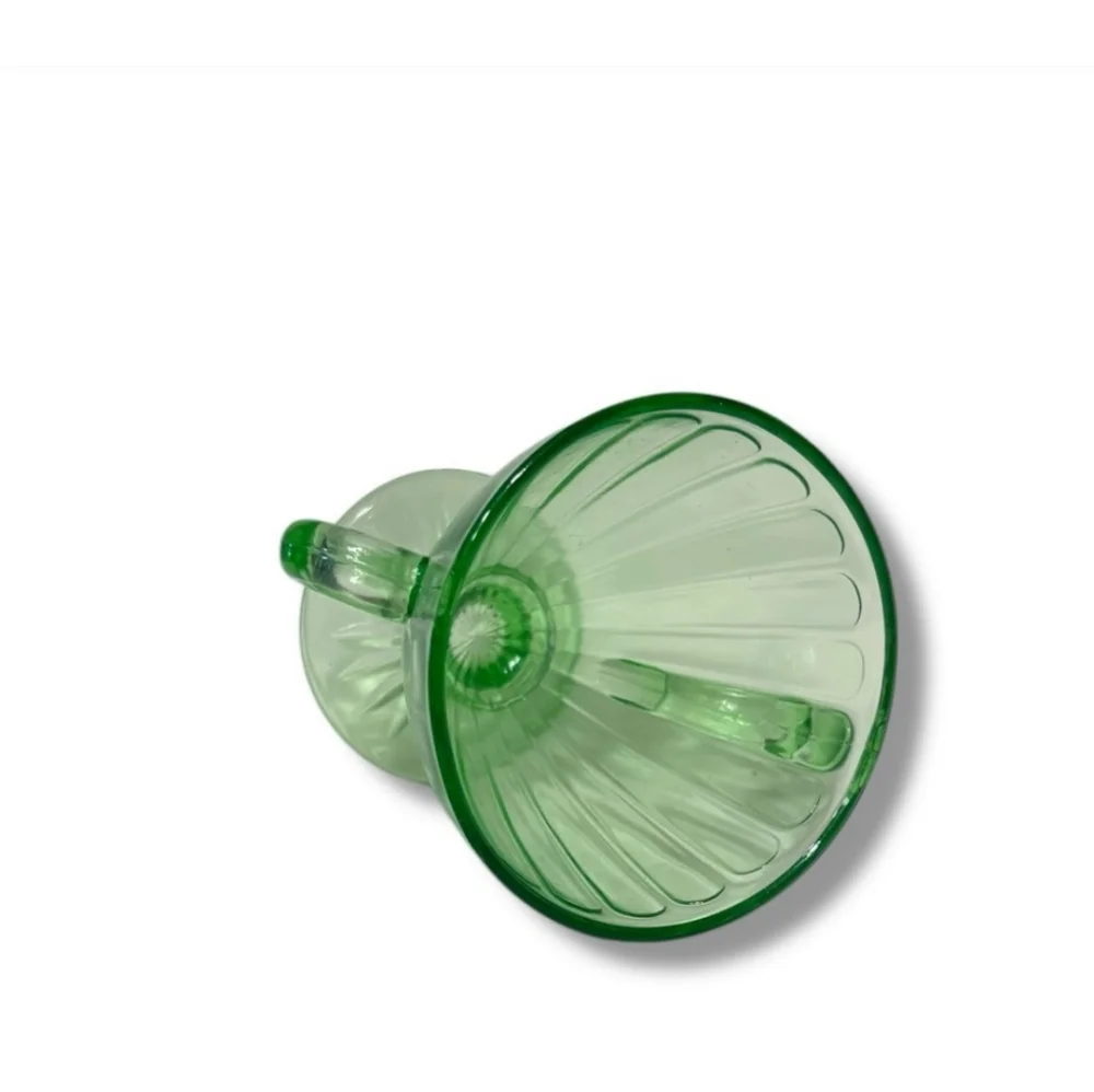HAZEL ATLAS Green Vaseline Uranium Glass Double Handle Sugar Dish Ribbon Design